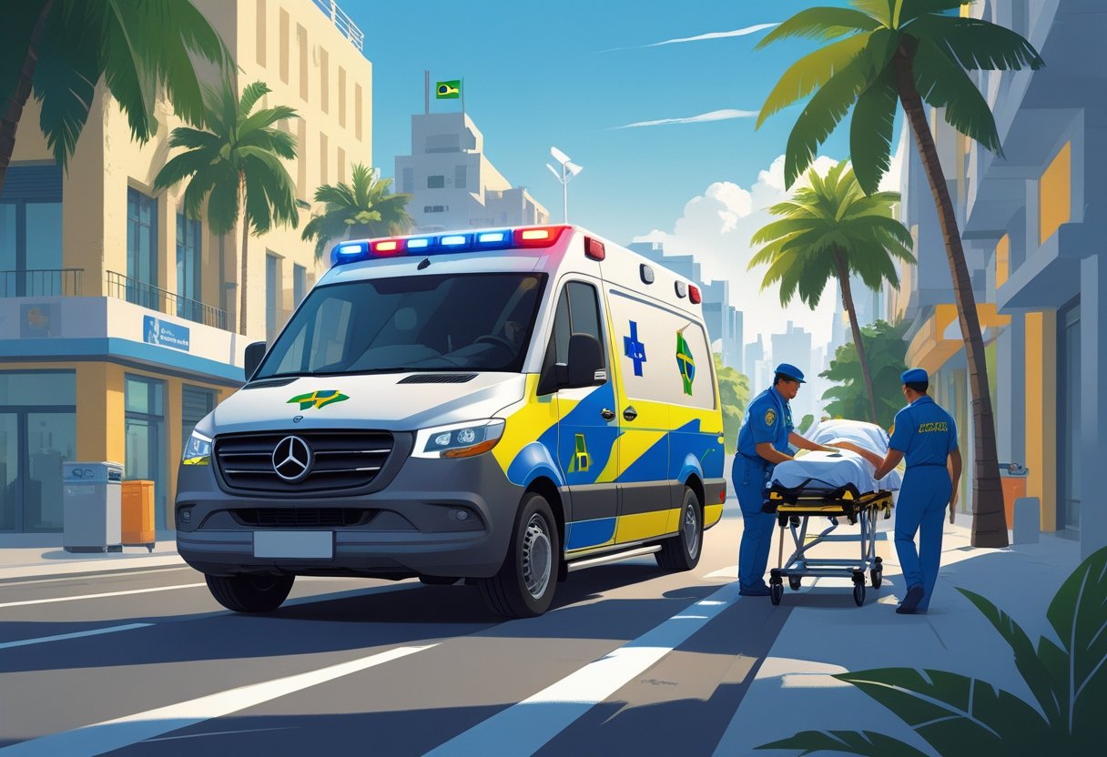 Ambulância de emergência em uma rua movimentada do Brasil, com paramédicos atendendo um paciente em uma maca.