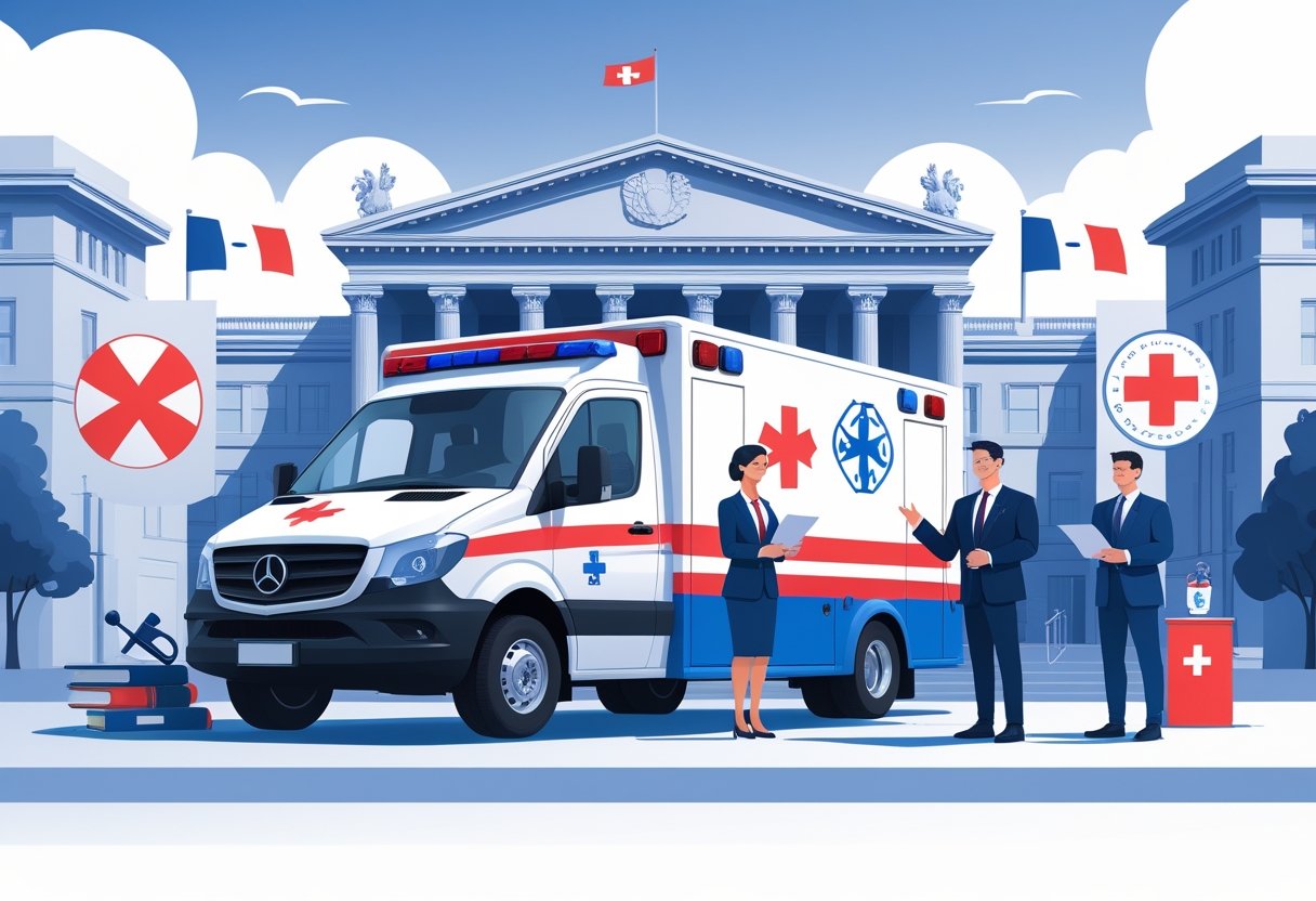 Um ambulância estacionada em frente a um prédio governamental com profissionais discutindo documentos relacionados à regulamentação.