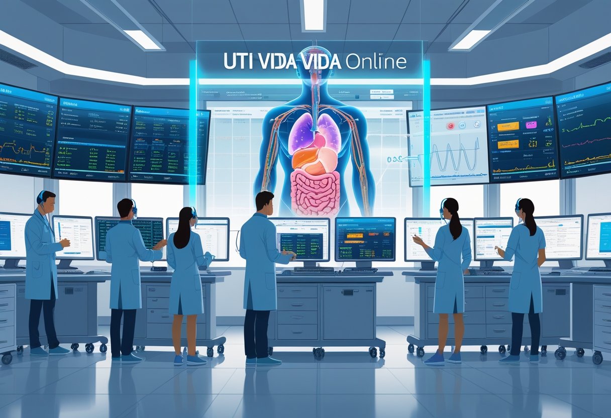 Sala de controle hospitalar com profissionais de saúde monitorando sinais vitais e dados de pacientes em telas digitais.