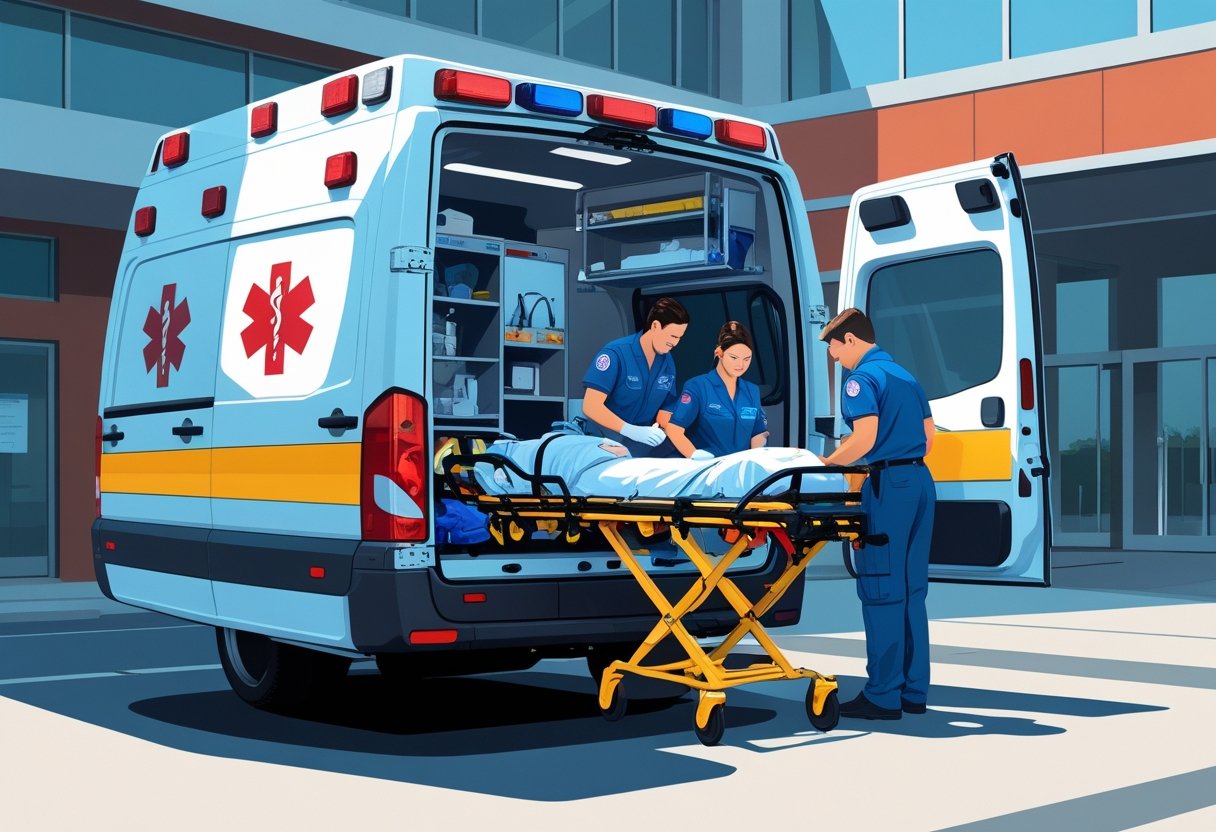 Uma ambulância com as portas traseiras abertas, paramédicos cuidando de um paciente em uma maca próximo à entrada de um hospital.