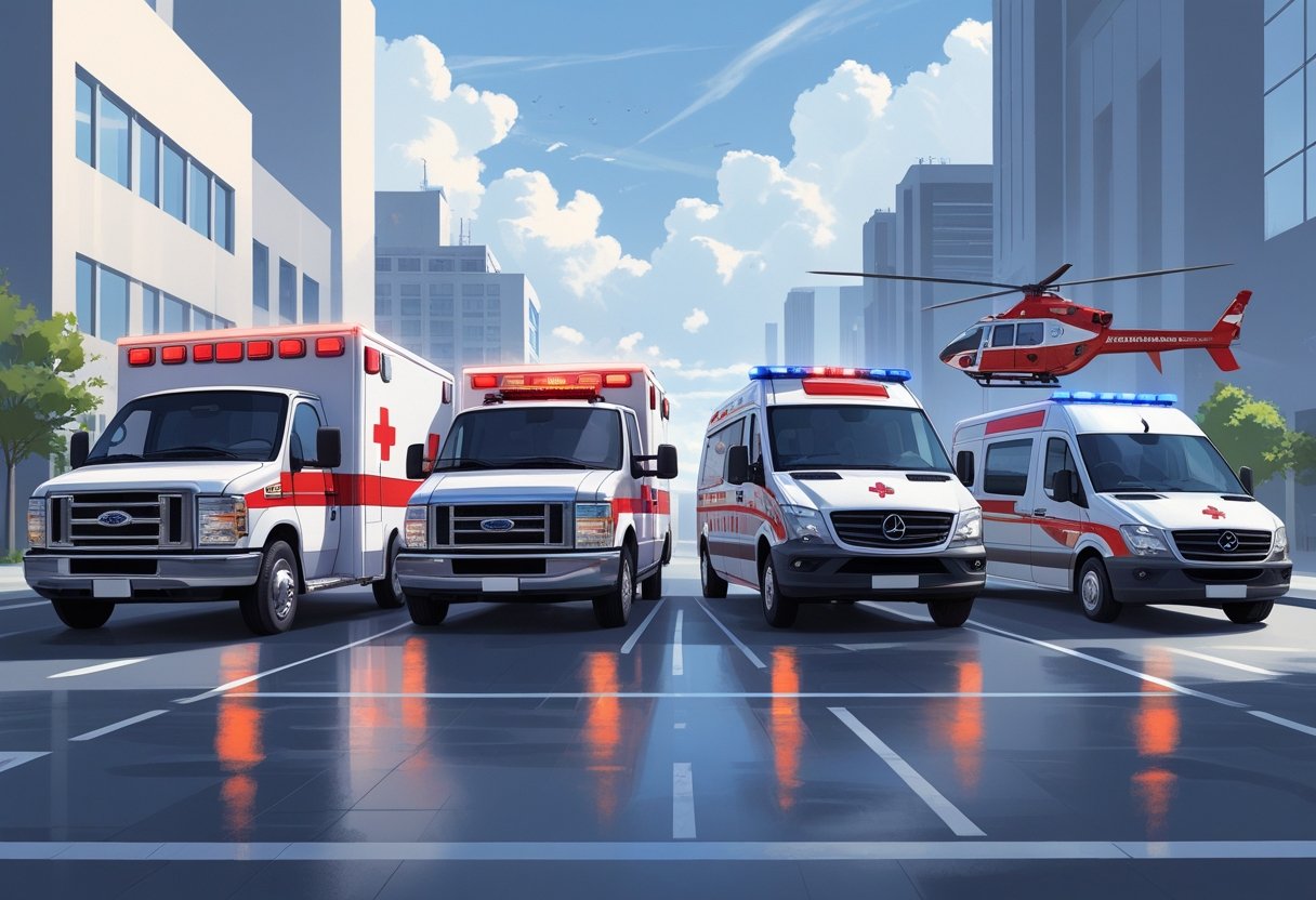Vários tipos de ambulâncias diferentes alinhadas, incluindo ambulância tradicional, veículo de resposta rápida e helicóptero de resgate, em um ambiente urbano.