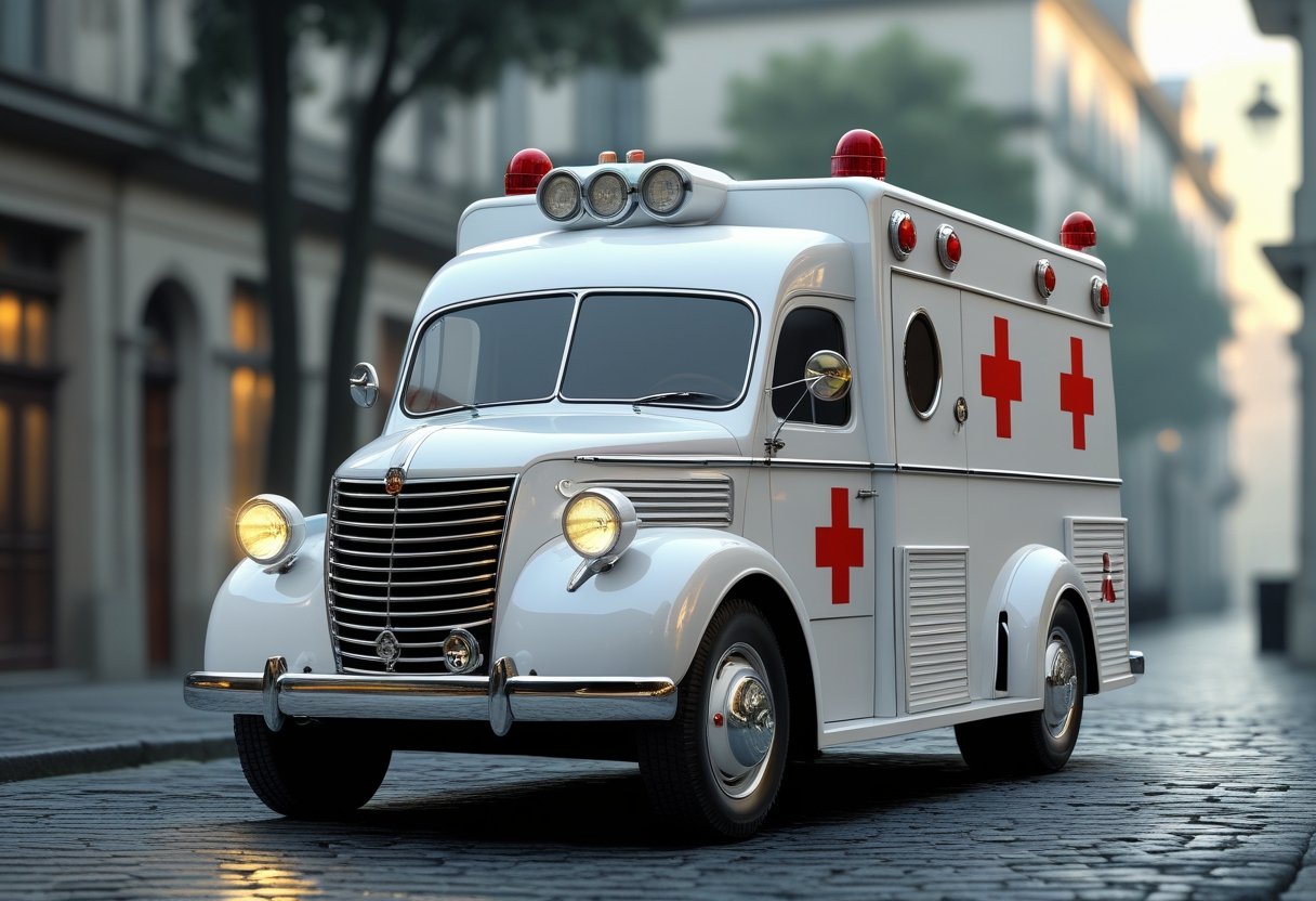 Uma ambulância antiga branca com cruz vermelha estacionada em uma rua de paralelepípedo, com prédios antigos ao fundo.