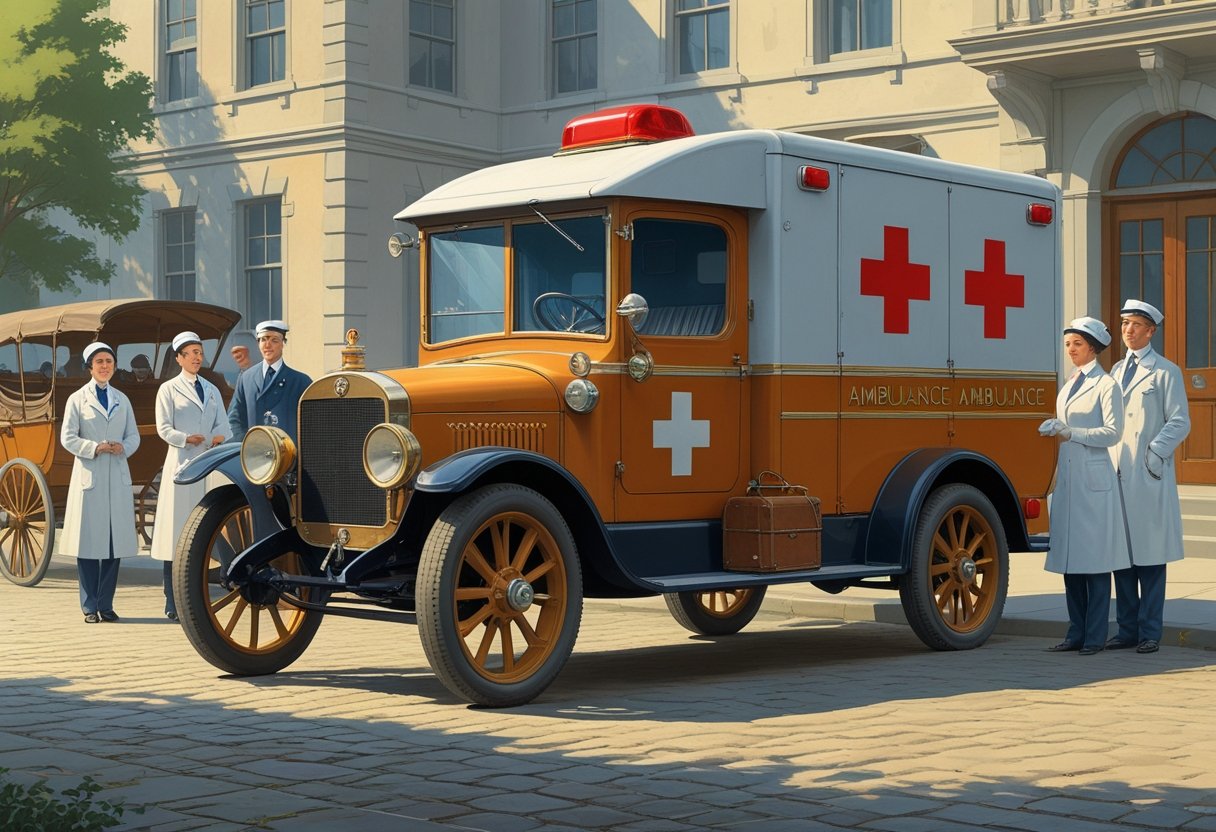 Ambulância antiga estacionada em rua de paralelepípedos em frente a um hospital clássico, com profissionais de saúde vestidos com uniformes antigos ao redor.