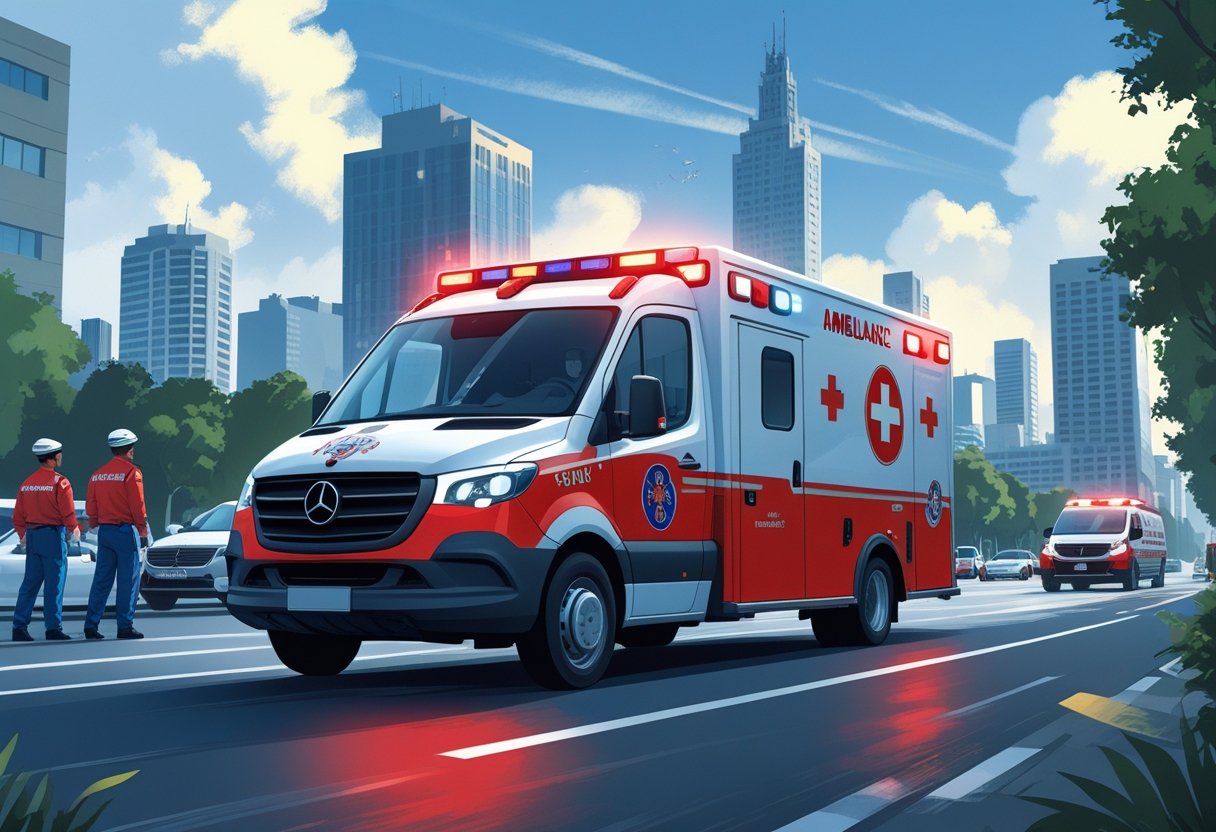 Ambulância de emergência de São Paulo em uma rua movimentada da cidade com paramédicos prontos para atendimento.
