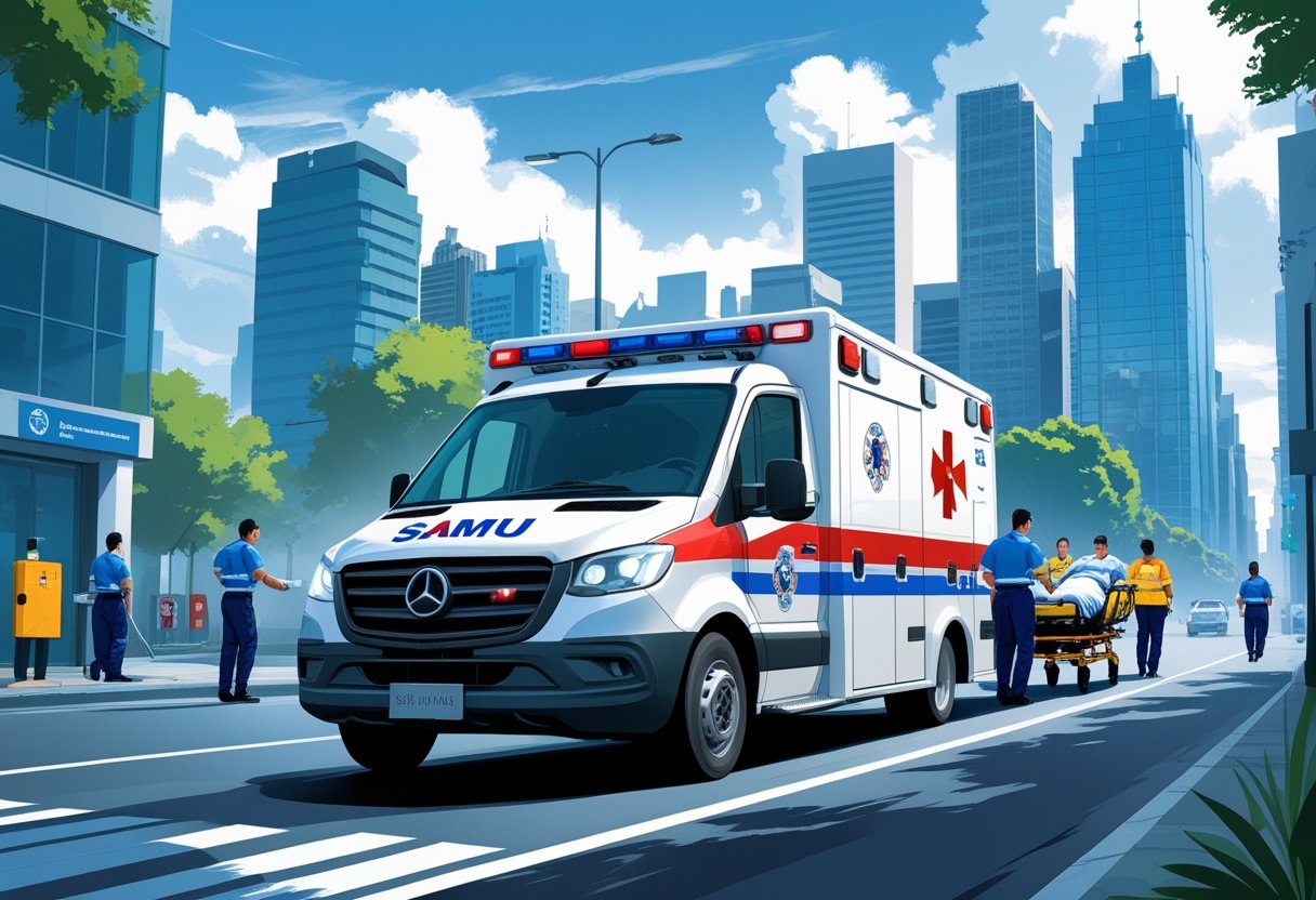 Uma ambulância do SAMU de São Paulo em atendimento, com paramédicos cuidando de um paciente na rua em meio a prédios da cidade.