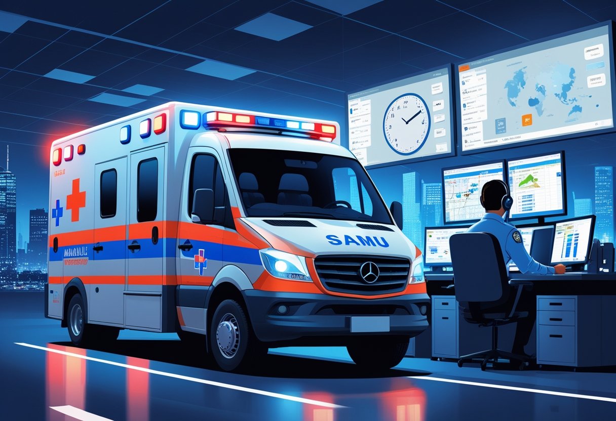 Uma ambulância do SAMU com luzes piscando em frente a uma central de atendimento onde um despachante usa um headset e monitora mapas e chamadas de emergência.
