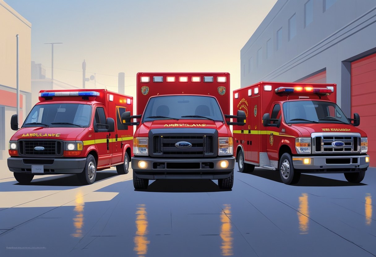Três tipos principais de ambulâncias de bombeiros alinhadas, mostrando diferentes tamanhos e equipamentos em um cenário urbano.