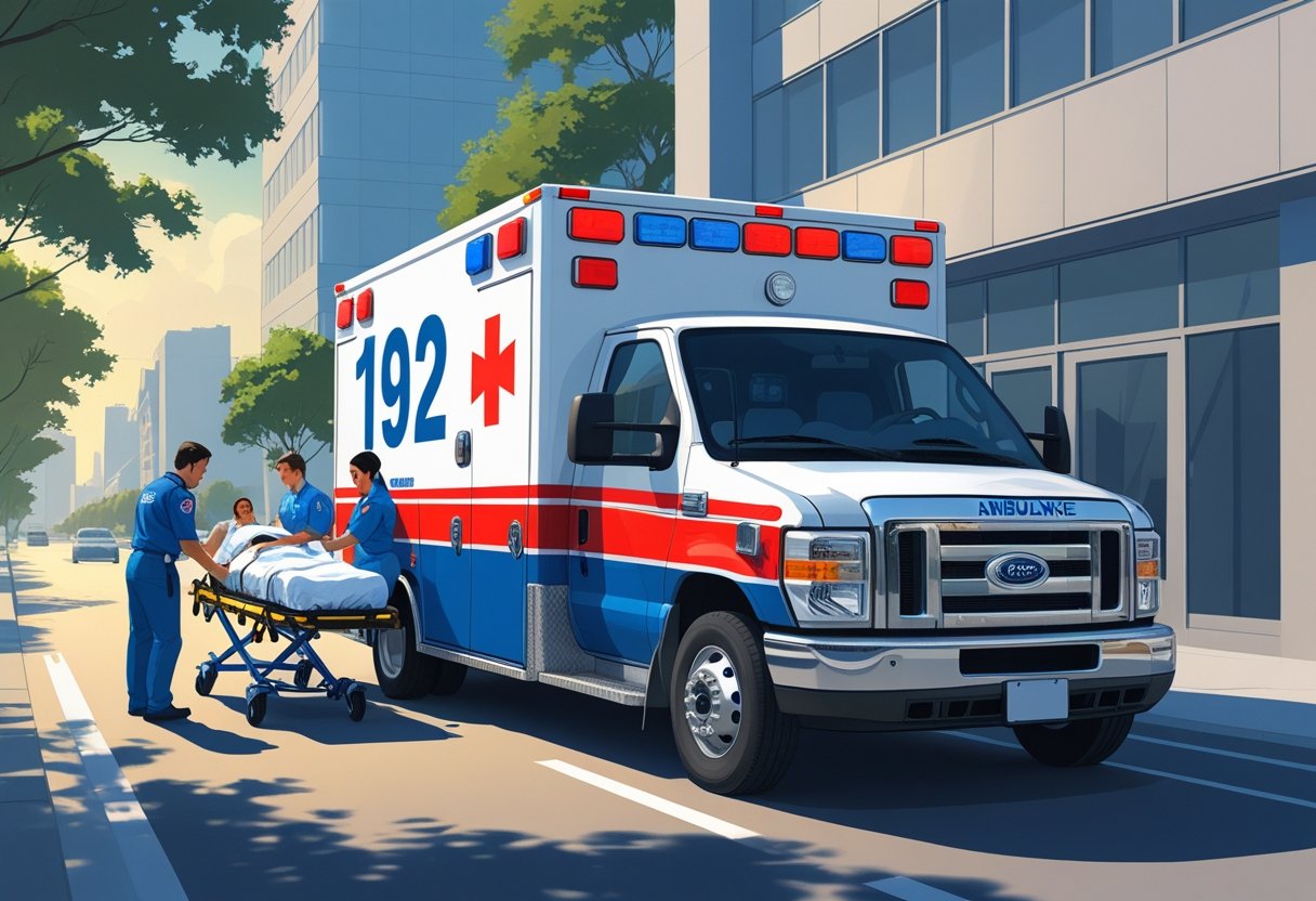 Uma ambulância com o número 192 estacionada na rua, com paramédicos atendendo um paciente em uma maca ao lado do veículo.