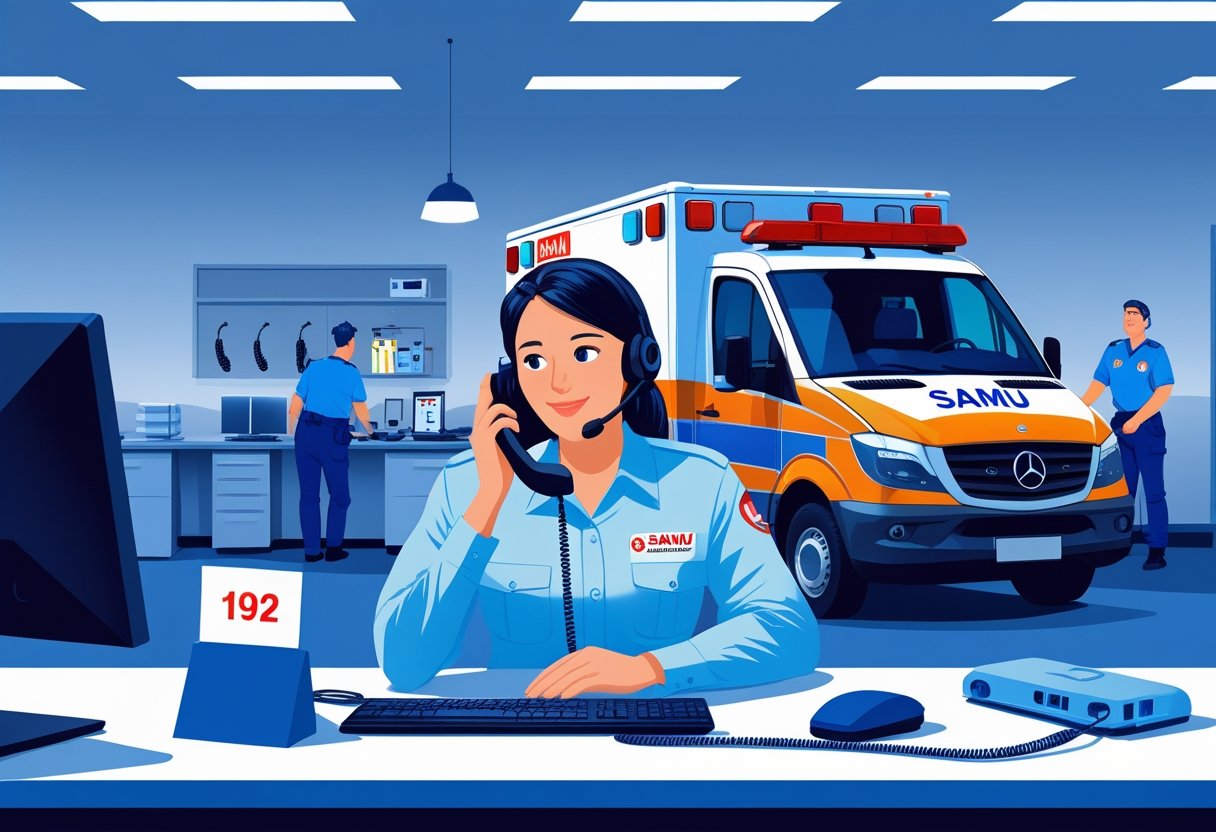 Despachante atendendo uma chamada de emergência no número 192, com uma ambulância do SAMU e paramédicos prontos ao fundo.