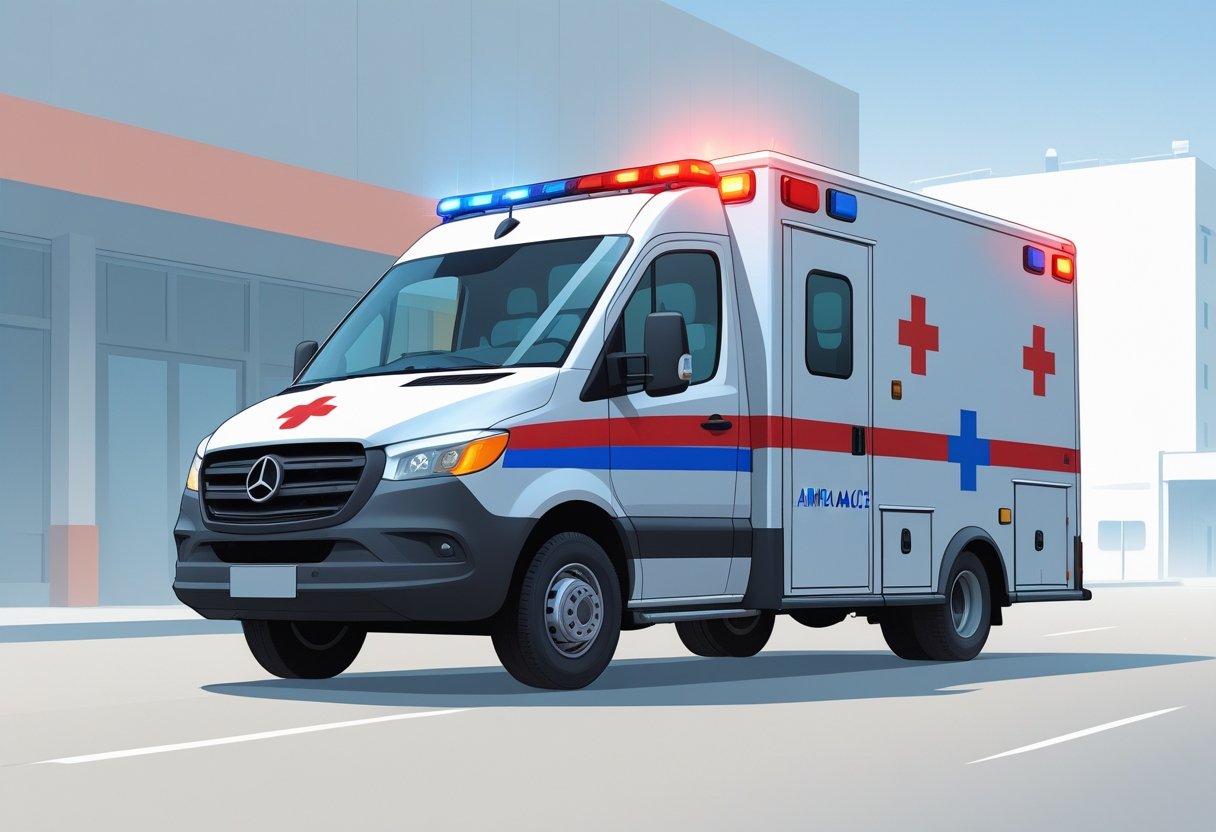 Veículo de ambulância branco com marcas vermelhas e azuis, estacionado em ambiente urbano, pronto para atendimento de emergência.