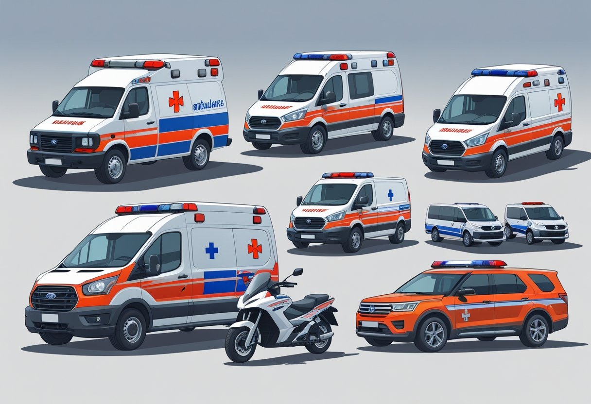 Vários tipos de ambulâncias diferentes dispostos lado a lado, incluindo uma van, um SUV, uma motocicleta e uma ambulância compacta, todos com luzes de emergência e equipamentos médicos visíveis.