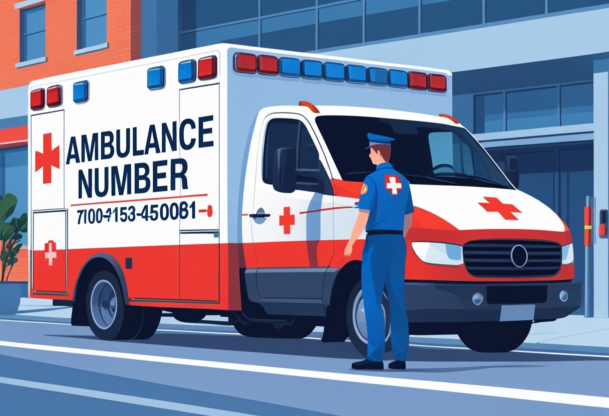 Uma ambulância com um número de emergência destacado, com um paramédico ao lado, em uma rua próxima a um hospital.
