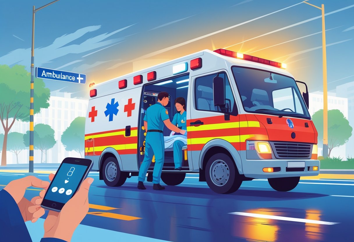 Uma ambulância com luzes piscando chegando para ajudar uma pessoa, com paramédicos atendendo em um cenário urbano.