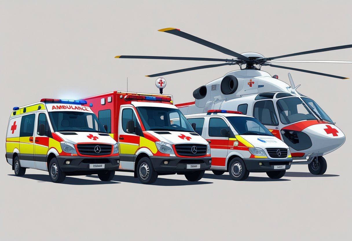 Três tipos principais de ambulância lado a lado: uma ambulância tradicional, um veículo de resposta rápida e um helicóptero de ambulância.