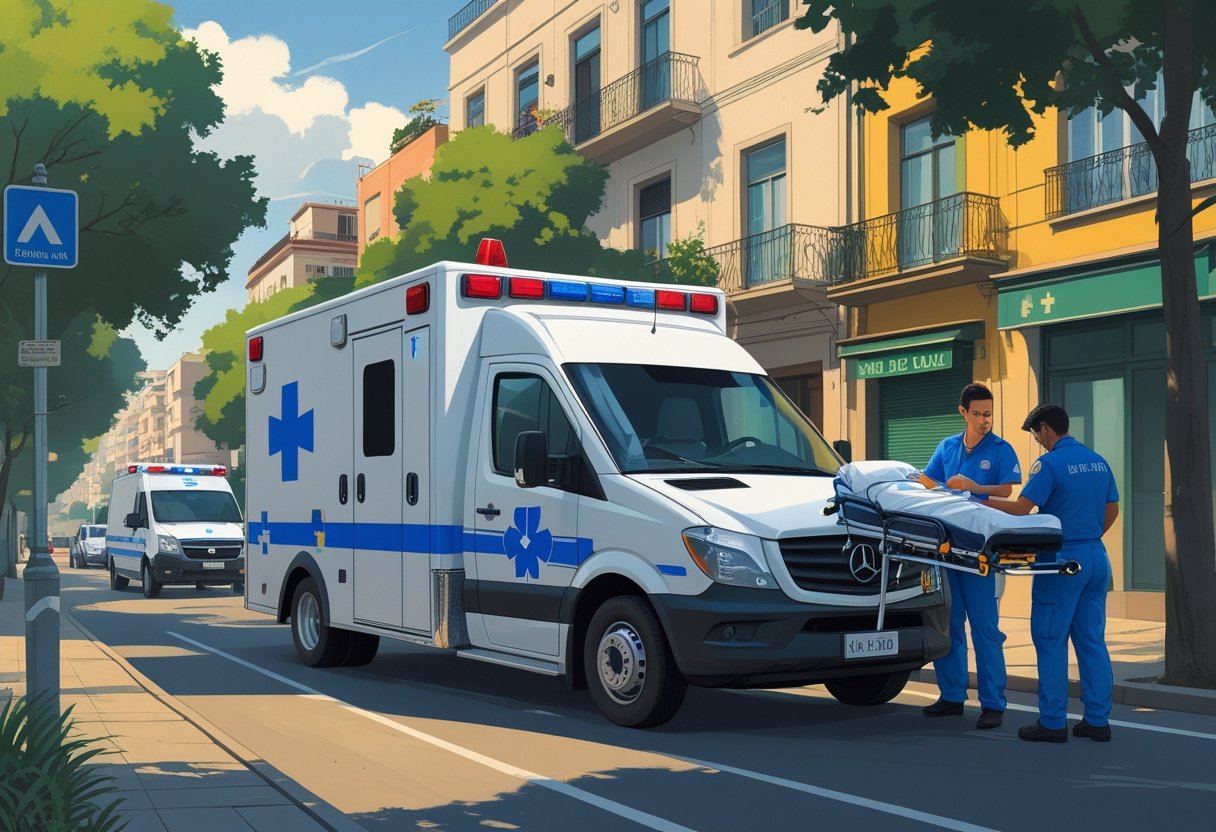 Uma ambulância particular estacionada em uma rua da Zona Sul de São Paulo, com dois paramédicos atendendo um paciente em uma maca, cercada por prédios residenciais e árvores.