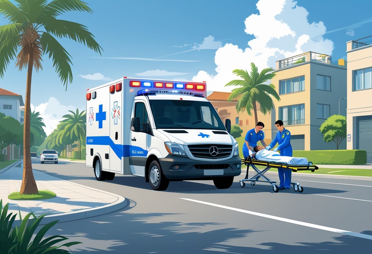 Uma ambulância particular estacionada em uma rua urbana da zona sul de São Paulo, com um paramédico atendendo um paciente em uma maca.