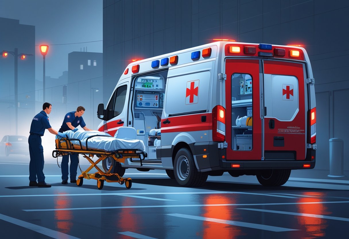 Uma ambulância de resgate branca e vermelha com paramédicos atendendo um paciente em uma maca, em um ambiente urbano.