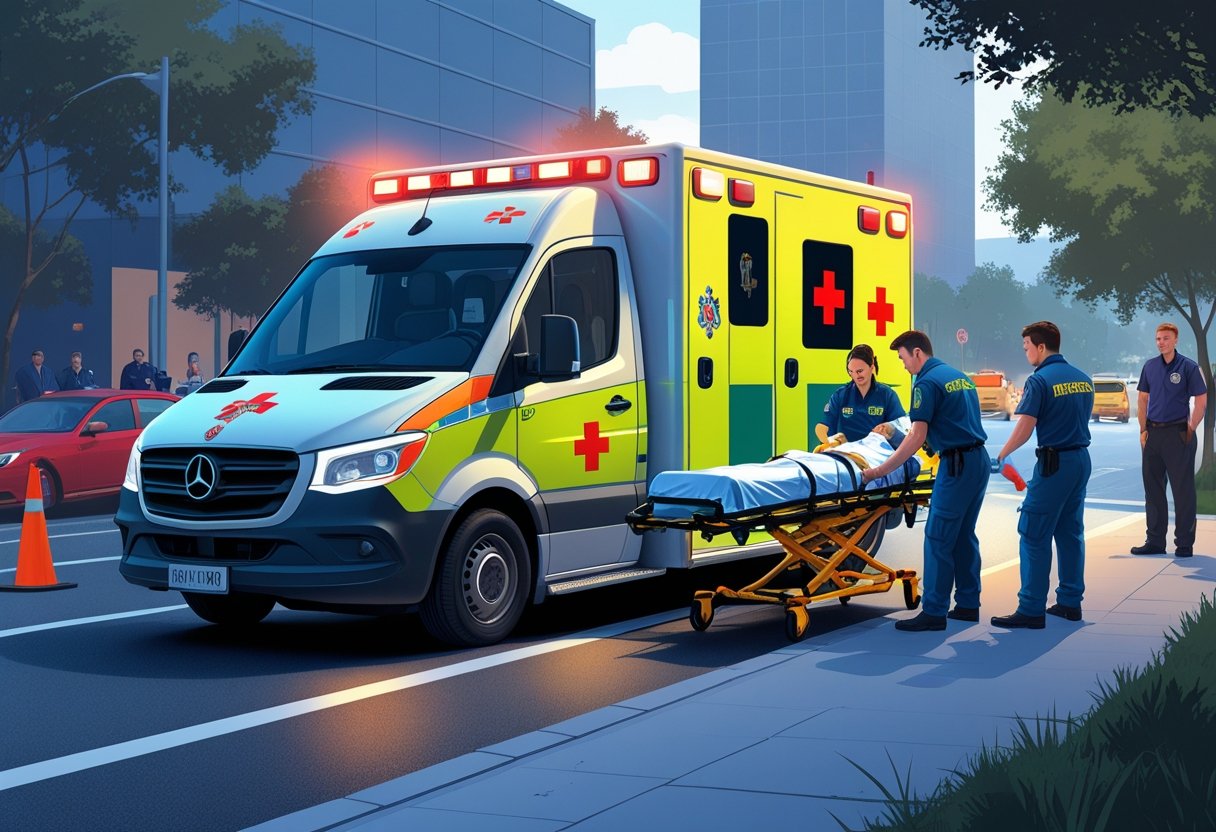 Cena de resgate com uma ambulância estacionada e paramédicos atendendo um paciente em uma maca na beira da estrada.