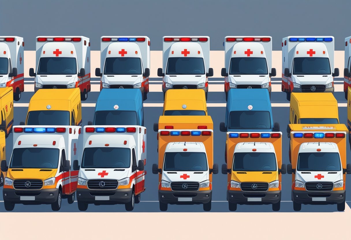 Vários tipos de ambulâncias diferentes alinhadas lado a lado, mostrando suas características distintas.