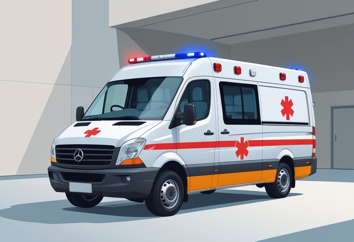 Uma ambulância Tipo A de transporte básico estacionada em ambiente urbano, mostrando seu design moderno e equipamentos médicos visíveis.