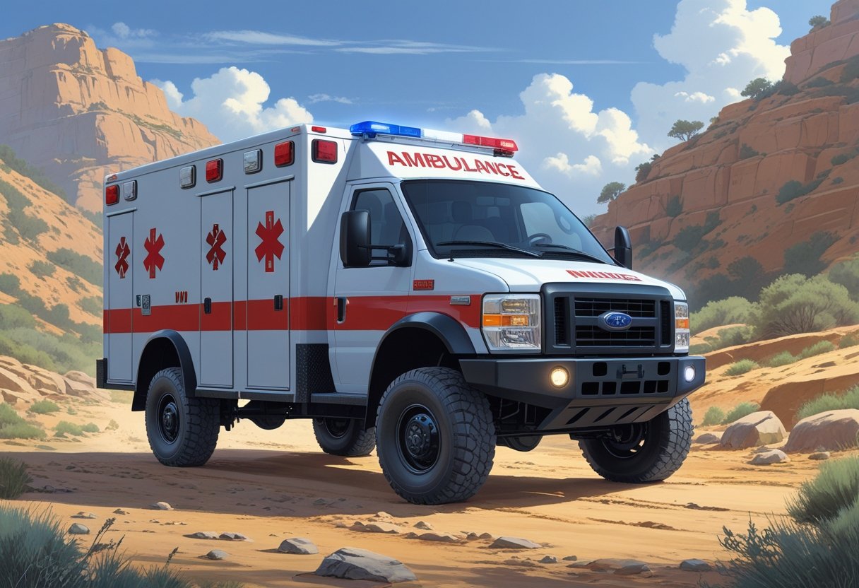 Uma ambulância 4x4 em terreno acidentado com pneus grandes e luzes de emergência, pronta para resgate em áreas difíceis.