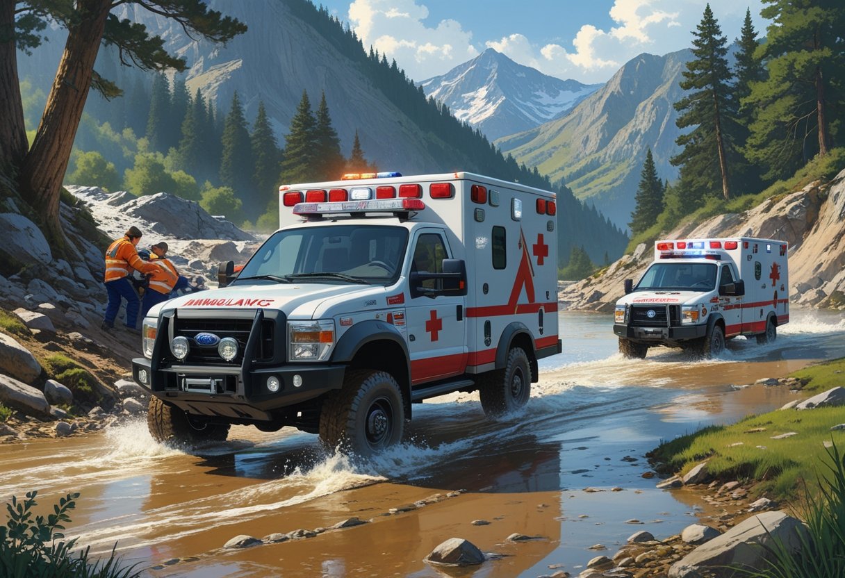 Uma ambulância 4x4 em um terreno acidentado com paramédicos atendendo uma pessoa ferida, atravessando lama, subindo montanhas e cruzando um rio raso.
