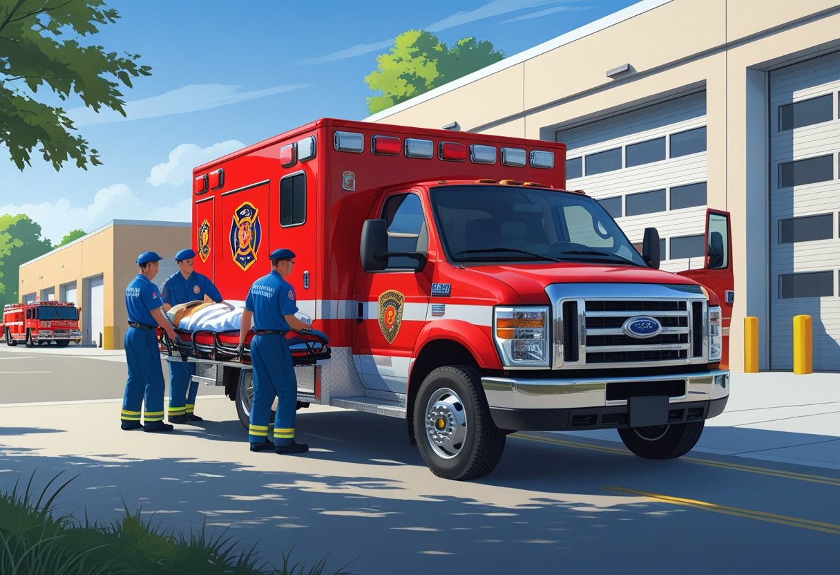 Ambulância dos bombeiros estacionada em frente a um quartel de bombeiros, com bombeiros atendendo um paciente em uma maca.