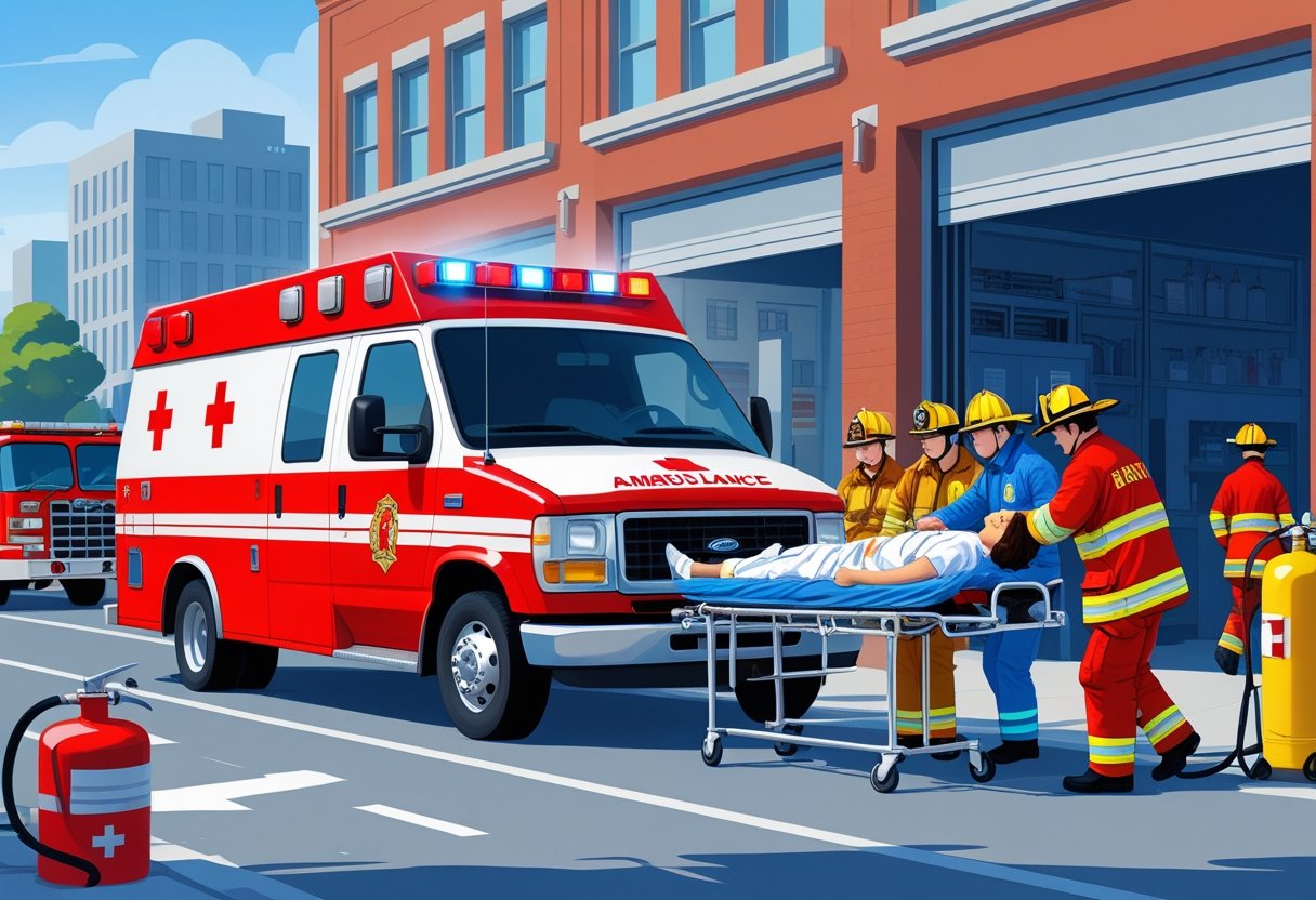Uma ambulância dos bombeiros estacionada na rua enquanto bombeiros ajudam uma pessoa ferida em uma maca, com equipamentos médicos e caminhões de bombeiros ao redor.