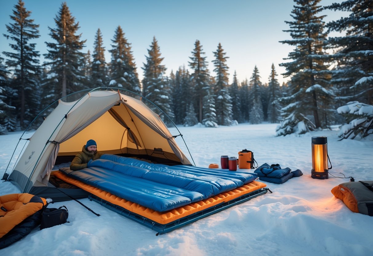 A camper setting up a warm sleeping system inside a tent in a snowy winter forest.