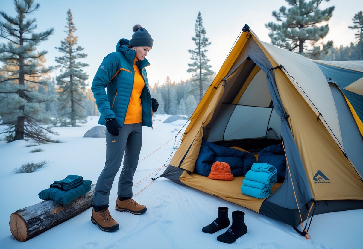 A person wearing layered winter camping clothes adjusts their jacket next to a tent in a snowy forest.