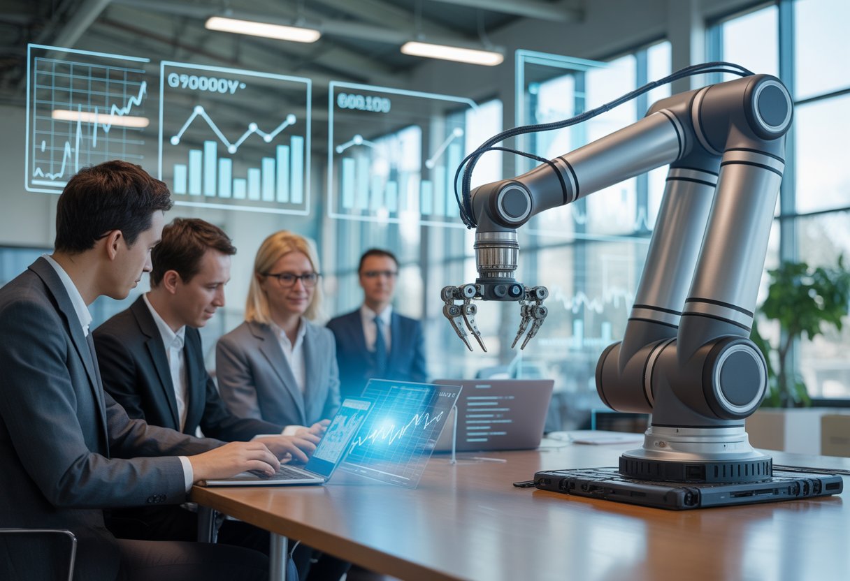 Een moderne kantoorruimte met een robotarm die samenwerkt met een klein team van diverse professionals, met digitale grafieken op de achtergrond die groei en winstgevendheid tonen. Een moderne kantoorruimte met een robotarm die samenwerkt met een klein team van diverse professionals, met digitale grafieken op de achtergrond die groei en winstgevendheid tonen.