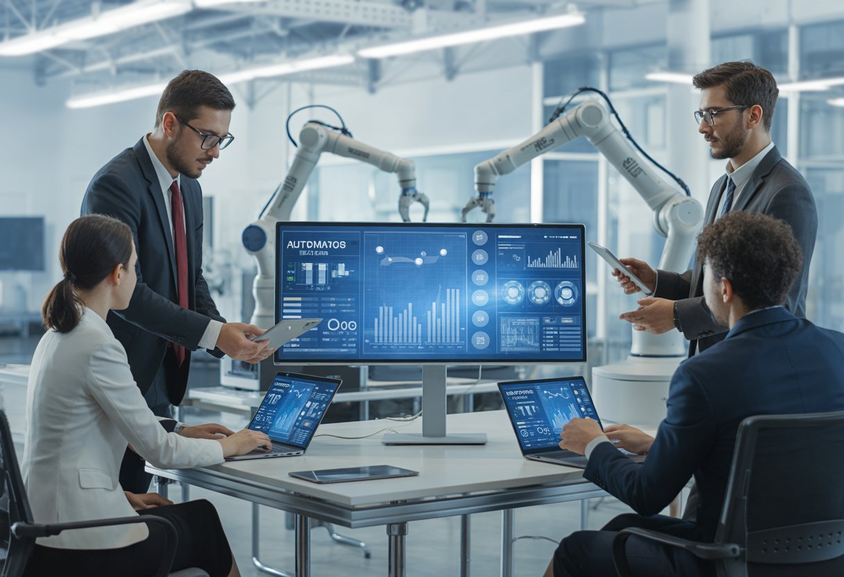 Een groep zakelijke professionals werkt samen aan een bureau met digitale apparaten en geavanceerde automatiseringstechnologieën op de achtergrond. Een groep zakelijke professionals werkt samen aan een bureau met digitale apparaten en geavanceerde automatiseringstechnologieën op de achtergrond.