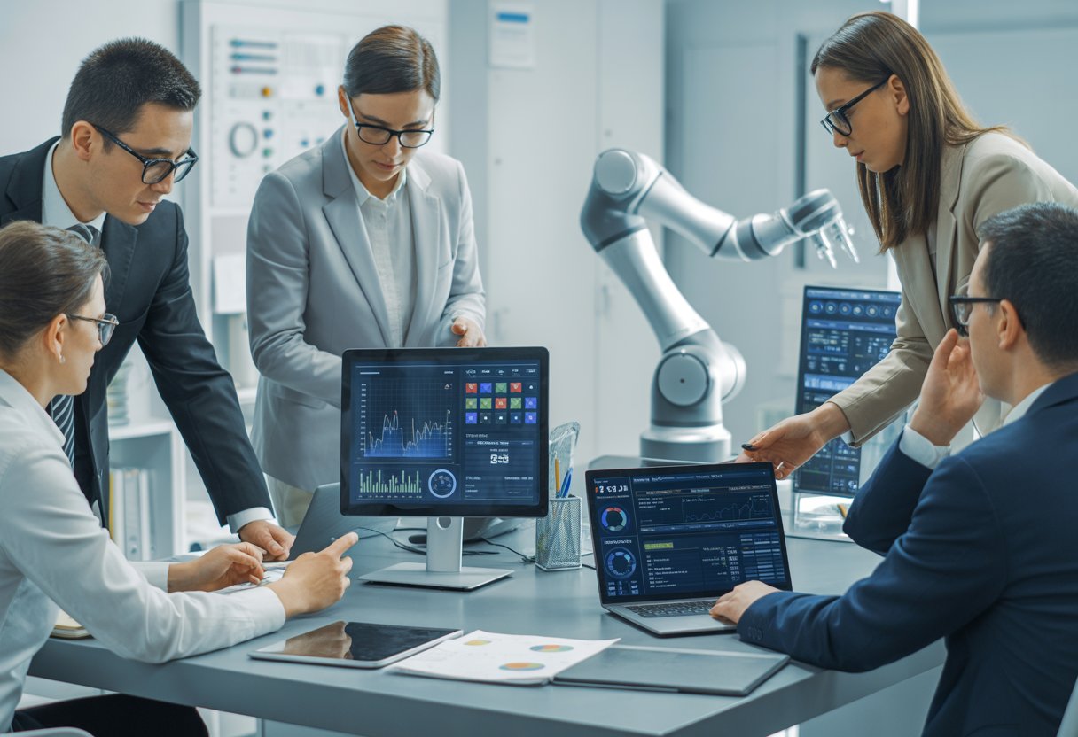 Een groep professionals werkt samen in een moderne kantooromgeving met digitale apparaten en een robotarm op de achtergrond. Een groep professionals werkt samen in een moderne kantooromgeving met digitale apparaten en een robotarm op de achtergrond.