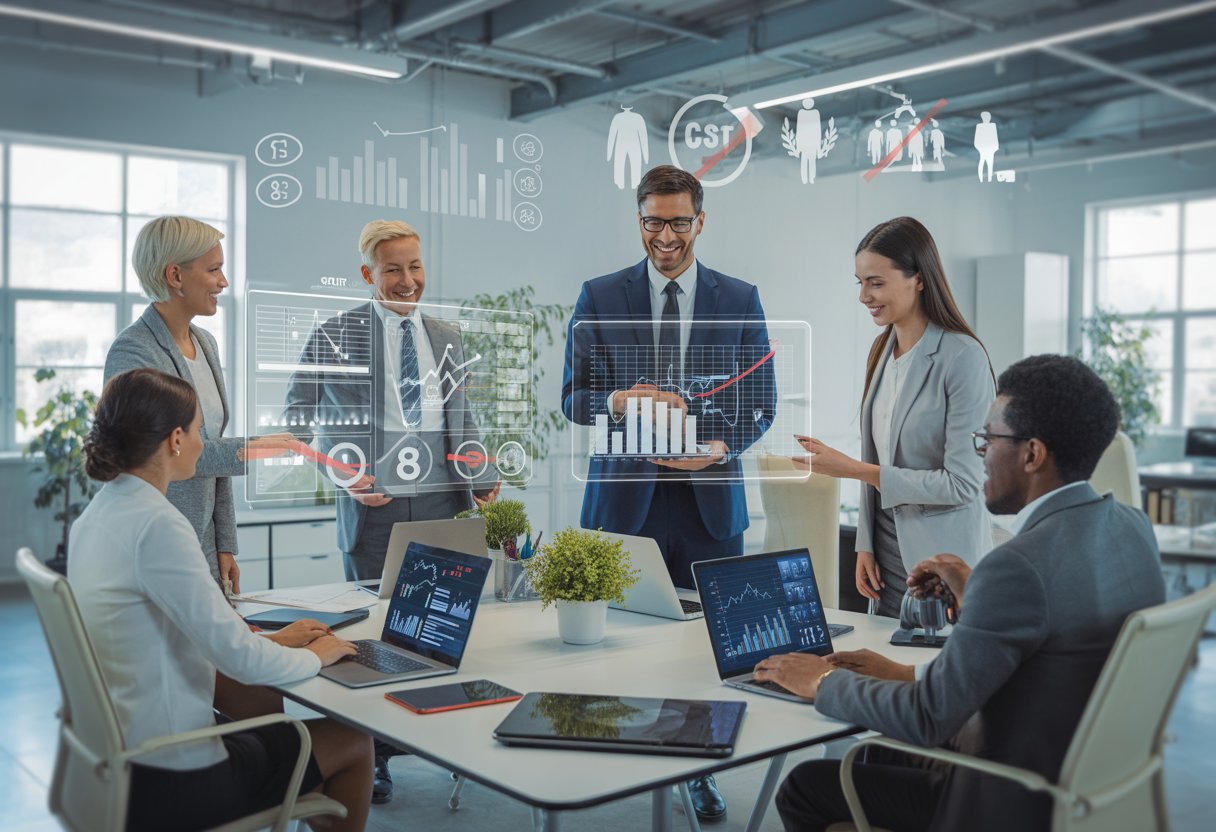 Een groep zakelijke professionals werkt samen in een modern kantoor met digitale schermen die automatisering en kostenbesparing tonen. Een groep zakelijke professionals werkt samen in een modern kantoor met digitale schermen die automatisering en kostenbesparing tonen.