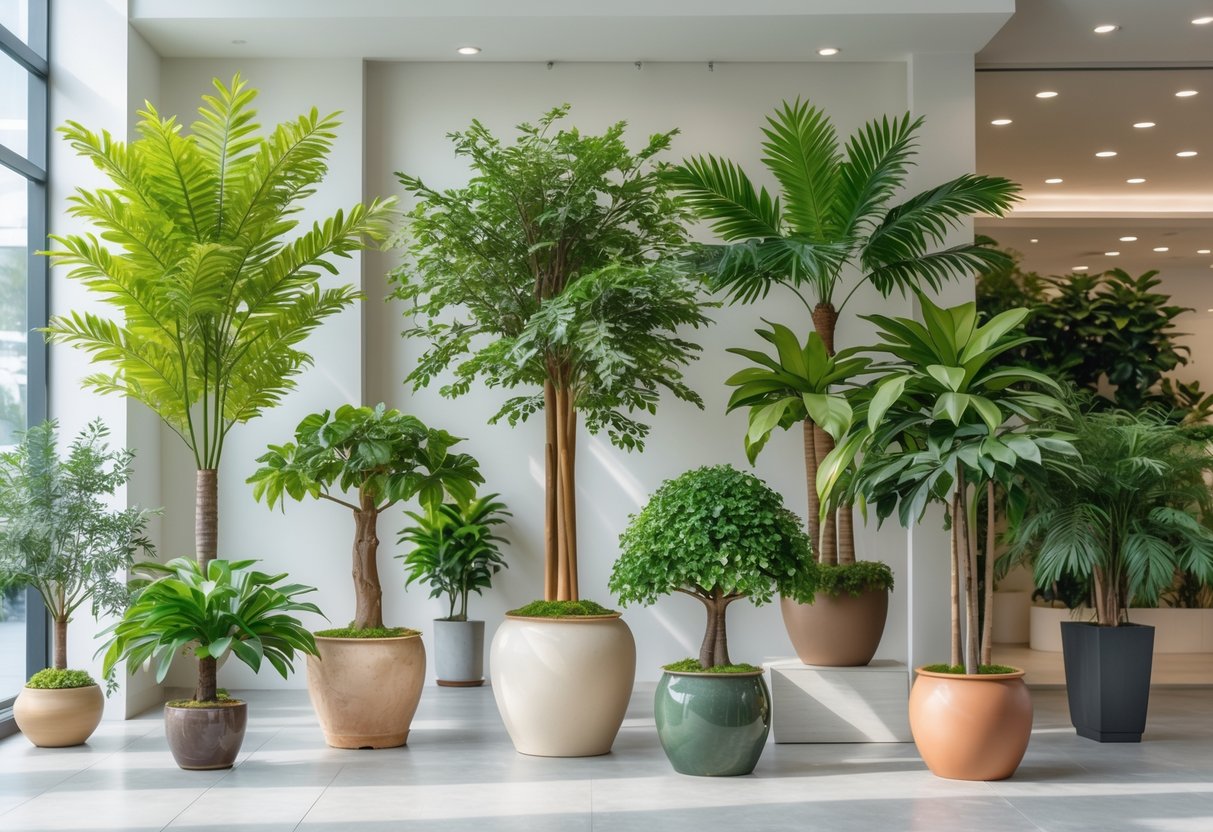 A variety of artificial trees in pots displayed indoors against a plain background.