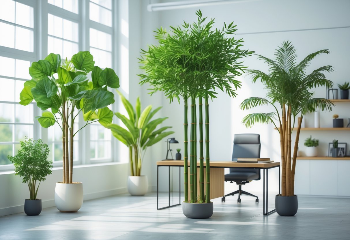 A bright modern room with different artificial trees in pots arranged around a desk and chair.