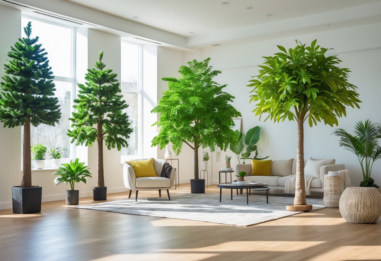 A living room with several realistic artificial trees of different types and sizes arranged around the space, with natural light coming through large windows.