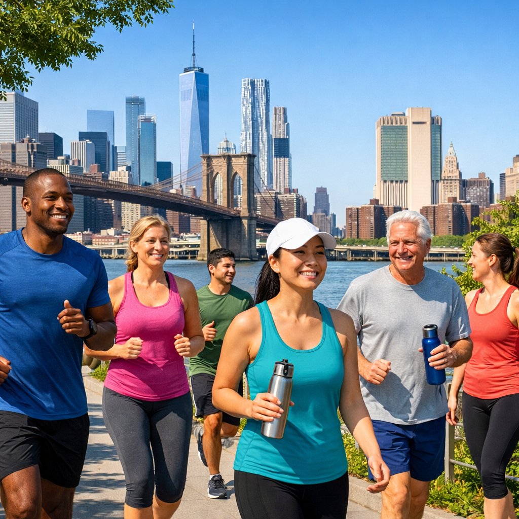 People jogging and walking in a riverside park with the New York City skyline in the background on a sunny day.