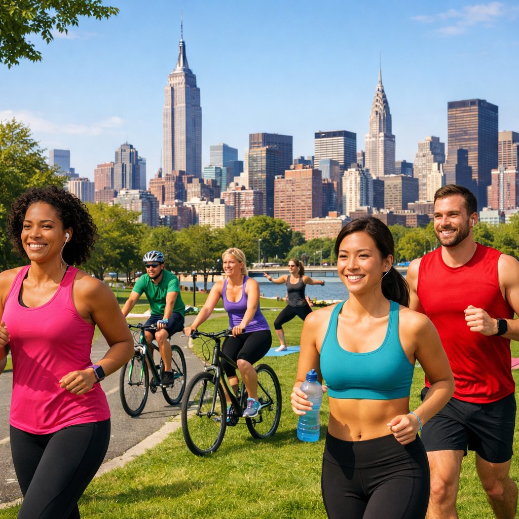 People exercising outdoors in a New York City park with skyscrapers in the background.