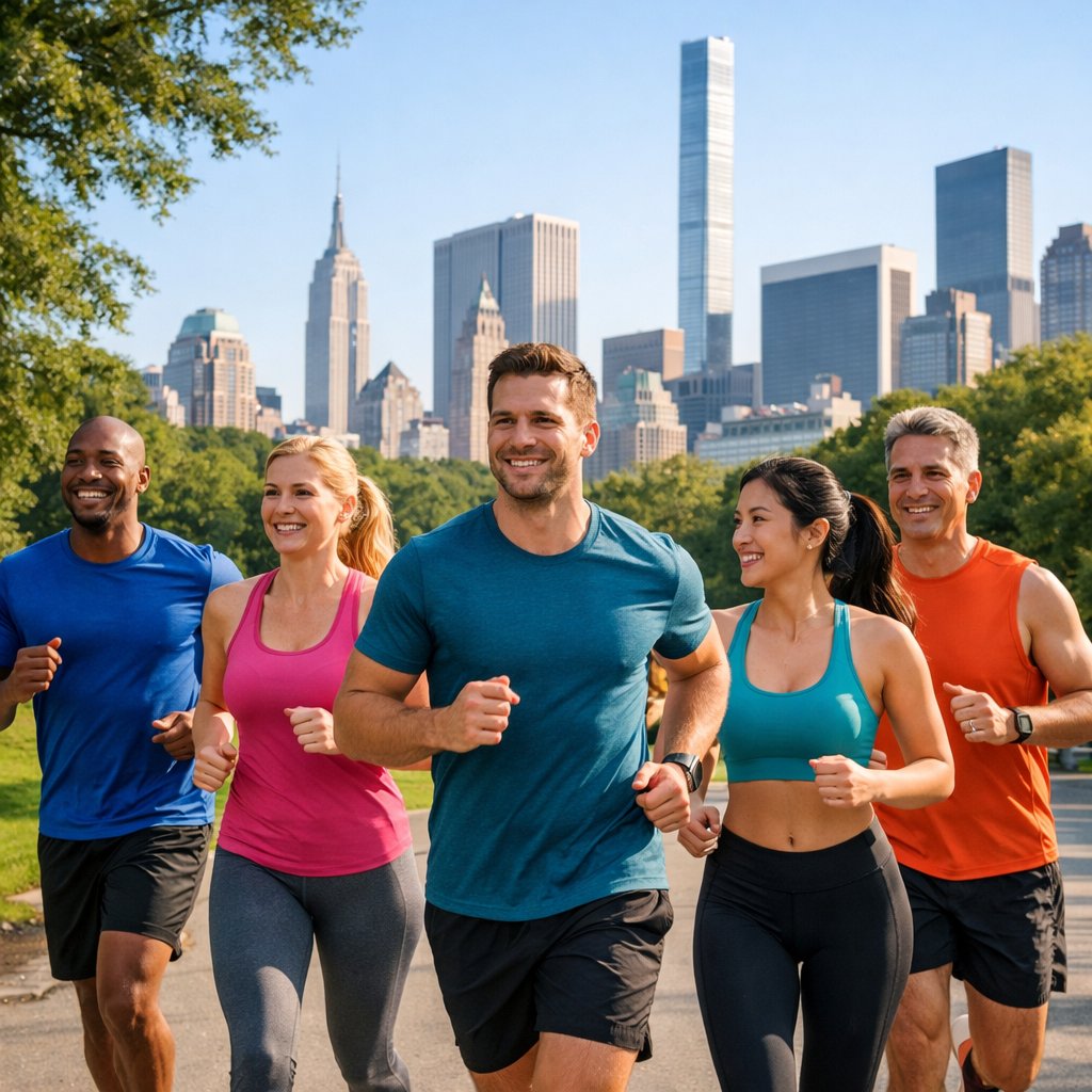 A group of adults jogging together in a New York City park with skyscrapers in the background.