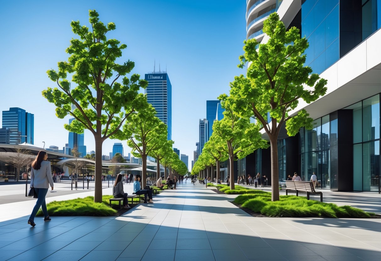 Artificial trees lining a pedestrian walkway in a modern Melbourne cityscape with people nearby.