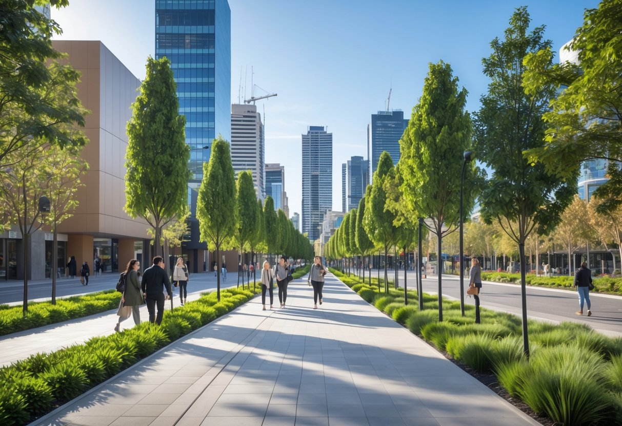 A city park in Melbourne with artificial trees lining a pedestrian walkway and people walking nearby.