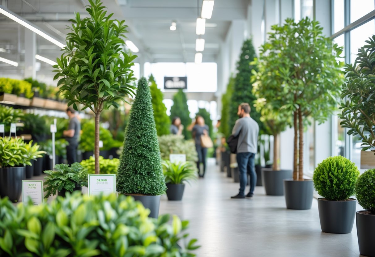 Indoor garden centre in Melbourne displaying a variety of lifelike artificial trees in pots with customers browsing.