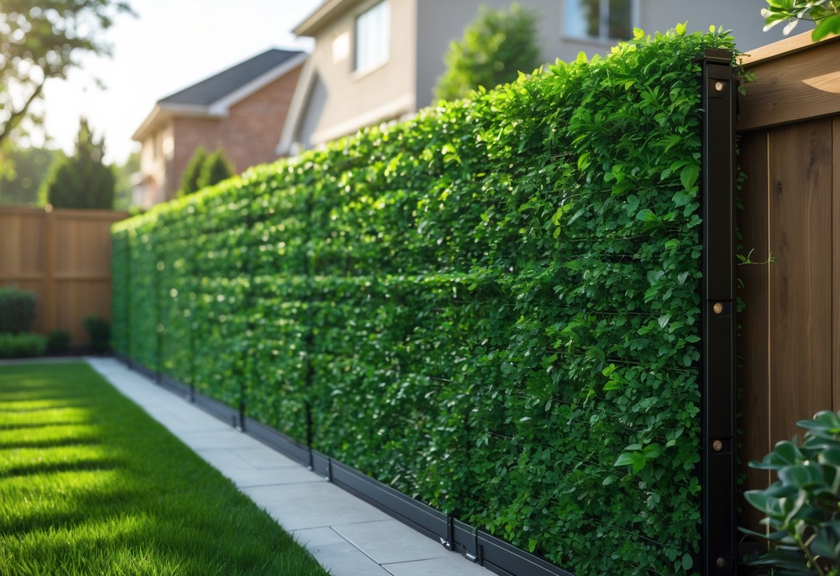 An artificial expandable hedge with green leaves installed in a garden next to a wooden fence and lawn.