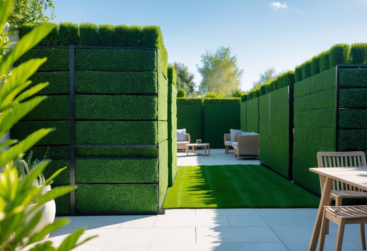 Outdoor patio area surrounded by dense green artificial expandable hedges under a clear sky.