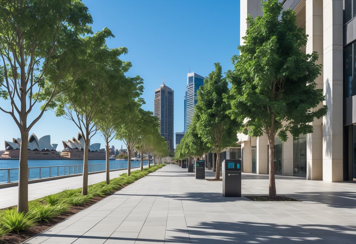 A city walkway in Sydney lined with tall artificial trees and modern buildings in the background under a clear sky.