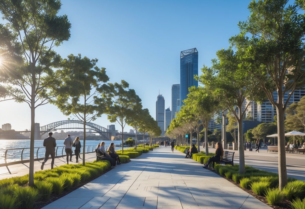 Urban park in Sydney with artificial trees along a paved path and city buildings in the background on a sunny day.