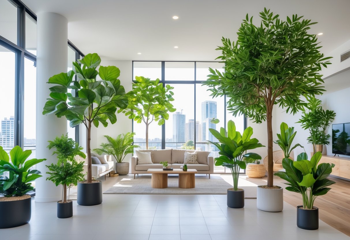 Indoor living room in Sydney with several artificial trees placed around a modern lounge area and large windows showing the city outside.