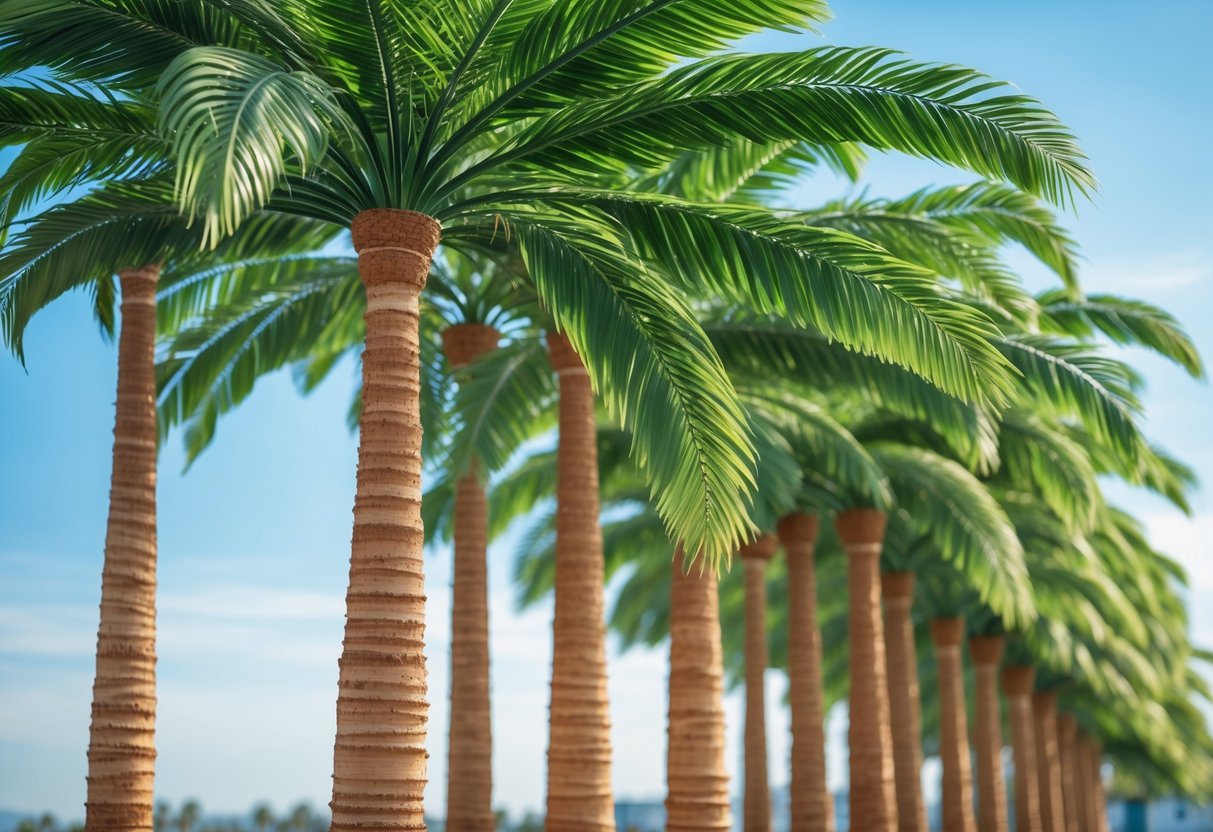 A row of artificial palm trees with green leaves and brown trunks under a clear blue sky.