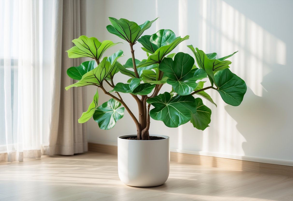 An artificial fiddle leaf fig plant with large green leaves in a white pot inside a bright room.